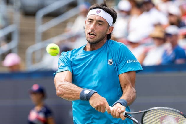 August 9, 2026, Montreal, Quebec, Canada: THIAGO AUGUSTIN TIRANTE from Argentina backhand in match against Learner Tien (12) from USA in round of 16 at Canadian Open at IGA stadium in Montreal, Quebec, Canada on 2026-08-09 Montreal Canada - ZUMAl189 20260809_zsp_l189_048 Copyright: xYannickxLegarex