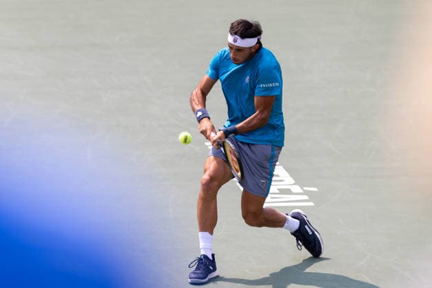 August 9, 2026, Montreal, Quebec, Canada: THIAGO AUGUSTIN TIRANTE from Argentina backhand in match against Learner Tien (12) from USA in round of 16 at Canadian Open at IGA stadium in Montreal, Quebec, Canada on 2026-08-09 TENNIS: Canadian Open Montreal 2026  - ZUMAl189 20260809_zsp_l189_049 Copyright: xYannickxLegarex