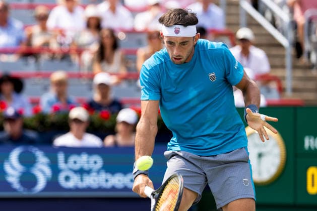August 9, 2026, Montreal, Quebec, Canada: THIAGO AUGUSTIN TIRANTE from Argentina backhand in match against Learner Tien (12) from USA in round of 16 at Canadian Open at IGA stadium in Montreal, Quebec, Canada on 2026-08-09 TENNIS: Canadian Open Montreal 2026  - ZUMAl189 20260809_zsp_l189_072 Copyright: xYannickxLegarex