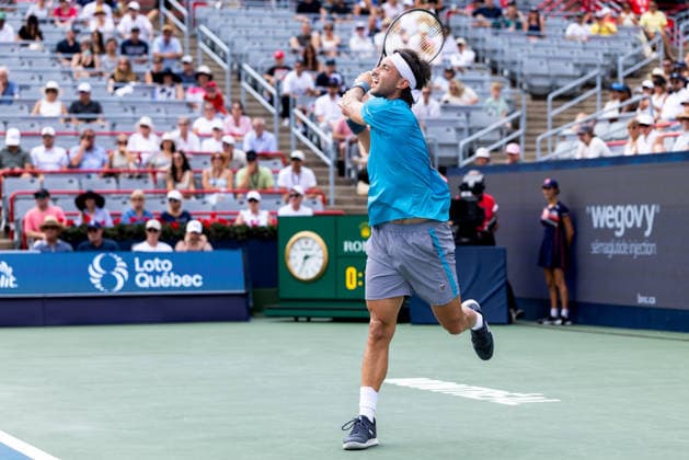 August 9, 2026, Montreal, Quebec, Canada: THIAGO AUGUSTIN TIRANTE from Argentina backhand in match against Learner Tien (12) from USA in round of 16 at Canadian Open at IGA stadium in Montreal, Quebec, Canada on 2026-08-09 TENNIS: Canadian Open Montreal 2026  - ZUMAl189 20260809_zsp_l189_076 Copyright: xYannickxLegarex