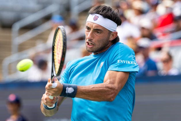 August 9, 2026, Montreal, Quebec, Canada: THIAGO AUGUSTIN TIRANTE from Argentina backhand in match against Learner Tien (12) from USA in round of 16 at Canadian Open at IGA stadium in Montreal, Quebec, Canada on 2026-08-09 TENNIS: Canadian Open Montreal 2026  - ZUMAl189 20260809_zsp_l189_078 Copyright: xYannickxLegarex