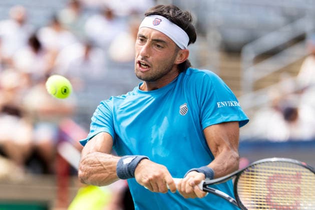 August 9, 2026, Montreal, Quebec, Canada: THIAGO AUGUSTIN TIRANTE from Argentina backhand in match against Learner Tien (12) from USA in round of 16 at Canadian Open at IGA stadium in Montreal, Quebec, Canada on 2026-08-09 TENNIS: Canadian Open Montreal 2026  - ZUMAl189 20260809_zsp_l189_080 Copyright: xYannickxLegarex