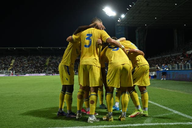 IPA87360910 - Giacomo Calo of Frosinone Calcio celebrates after scoring the goal that made the score 1-0 during a preseason friendly match between Frosinone Calcio and S.S. Lazio at Benito Stirpe Stadium on August 9, 2026, in Frosinone, Italy.  Copyright: xDomenicoxCippitelli IPAxSportx xx 87360910