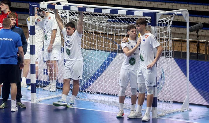 09.08.2026 Belgrade Germany-Slovenia European U18 men s handball championship final tournament final match Luka Gale,Nik Sovic,Zan Kovac Slovenia after lost match :