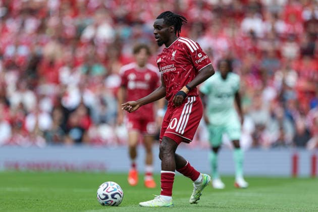 RECORD DATE NOT STATED 9th August 2026; Anfield, Liverpool, Merseyside, England; Friendly Football, Liverpool versus Monaco; Jeremie Frimpong of Liverpool with the ball AidanxHunter