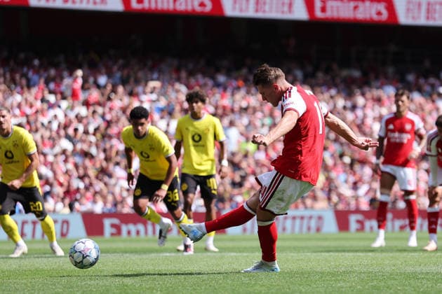 London, England, 9th August 2026. Viktor Gyokeres of Arsenal scoring his sides second goal during the Arsenal vs Borussia Dortmund Pre Season Friendly match at the Emirates Stadium, London. Picture credit should read: David Klein Sportimage EDITORIAL USE ONLY. No use with unauthorised audio, video, data, fixture lists, club league logos or live services. Online in-match use limited to 120 images, no video emulation. No use in betting, games or single club league player publications. SPI_DK_179_Arsenal_Dortmund SPI-4895-0179