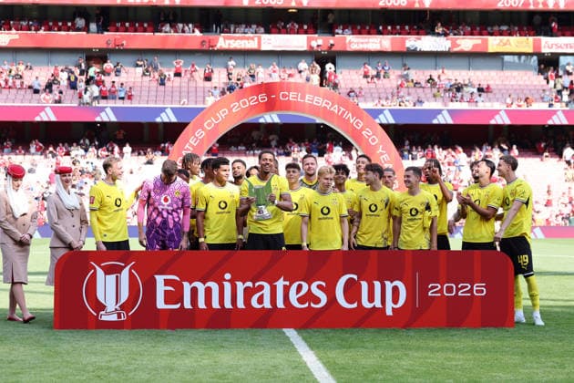 London, England, 9th August 2026. Dortmund players celebrate with the trophy during the Arsenal vs Borussia Dortmund Pre Season Friendly match at the Emirates Stadium, London. Picture credit should read: David Klein Sportimage EDITORIAL USE ONLY. No use with unauthorised audio, video, data, fixture lists, club league logos or live services. Online in-match use limited to 120 images, no video emulation. No use in betting, games or single club league player publications. SPI_DK_180_Arsenal_Dortmund SPI-4895-0180