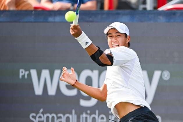 MONTREAL, QC - AUGUST 09: Learner Tien (USA) returns the ball during a fourth round match at National Bank Open on August 09, 2026 at IGA Stadium in Montreal, QC (Photo by David Kirouac Icon Sportswire) TENNIS: AUG 09 National Bank Open EDITORIAL USE ONLY Icon26080905226