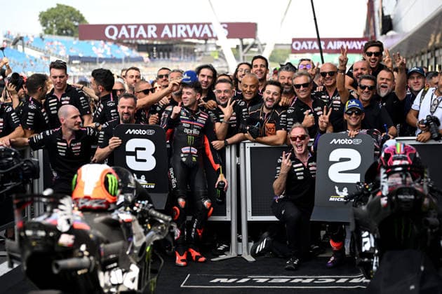MOTO - MOTO GP - BRITISH GRAND PRIX 2026 MARQUEZ Marc (spa), Ducati Lenovo Team, Ducati Desmosedici GP26, portrait and BEZZECCHI Marco (ita), Aprilia Racing, Aprilia RS-GP26 celebrating their podiums during the 2026 Qatar Airways Grand Prix of Great Britain on the Silverstone Circuit from August 7 to 9, 2026, in Silverstone, United Kingdom - SilverstoneUnited Kingdom  Copyright: xGIGIxSOLDANOx