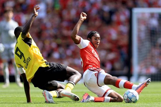 Marli Salmon of Arsenal in action against Serhou Guirassy of Borussia Dortmund Arsenal v Borussia Dortmund, Pre Season Friendly, Football, Emirates Stadium, London, UK - 09 Aug 2026London Emirates Stadium United Kingdom EDITORIAL USE ONLY No use with unauthorised audio, video, data, fixture lists, club league logos or live services. Online in-match use limited to 120 images, no video emulation. No use in betting, games or single club league player publications.  Copyright: xGeorgexTewkesbury Shutterstockx 17051143fc