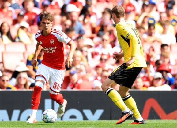 Max Dowman of Arsenal in action against Maximilian Beier of Borussia Dortmund Arsenal v Borussia Dortmund, Pre Season Friendly, Football, Emirates Stadium, London, UK - 09 Aug 2026London Emirates Stadium United Kingdom EDITORIAL USE ONLY No use with unauthorised audio, video, data, fixture lists, club league logos or live services. Online in-match use limited to 120 images, no video emulation. No use in betting, games or single club league player publications.  Copyright: xGeorgexTewkesbury Shutterstockx 17051143fp