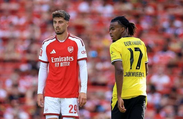Kai Havertz of Arsenal and Carney Chukwuemeka of Borussia Dortmund Arsenal v Borussia Dortmund, Pre Season Friendly, Football, Emirates Stadium, London, UK - 09 Aug 2026London Emirates Stadium United Kingdom EDITORIAL USE ONLY No use with unauthorised audio, video, data, fixture lists, club league logos or live services. Online in-match use limited to 120 images, no video emulation. No use in betting, games or single club league player publications.  Copyright: xGeorgexTewkesbury Shutterstockx 17051143fk