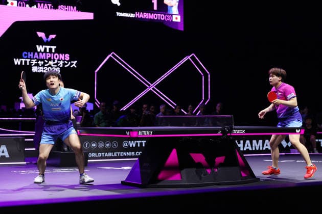 (L-R) Tomokazu Harimoto, Sora Matsushima (JPN), AUGUST 9, 2026 - Table tennis, Tischtennis : WTT Champions Yokohama 2026 Men s Singles Semi-final at Yokohama BUNTAI, Kanagawa, Japan.  aflo_340495975 YUTAKAx