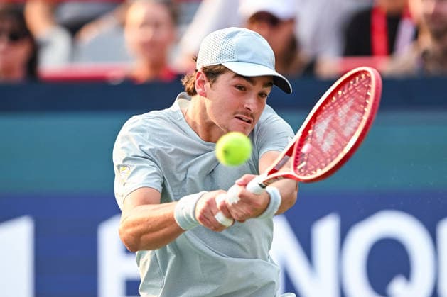 MONTREAL, QC - AUGUST 09: Joao Fonseca (BRA) returns the ball during a fourth round match at National Bank Open on August 09, 2026 at IGA Stadium in Montreal, QC (Photo by David Kirouac Icon Sportswire) TENNIS: AUG 09 National Bank Open EDITORIAL USE ONLY Icon26080906926