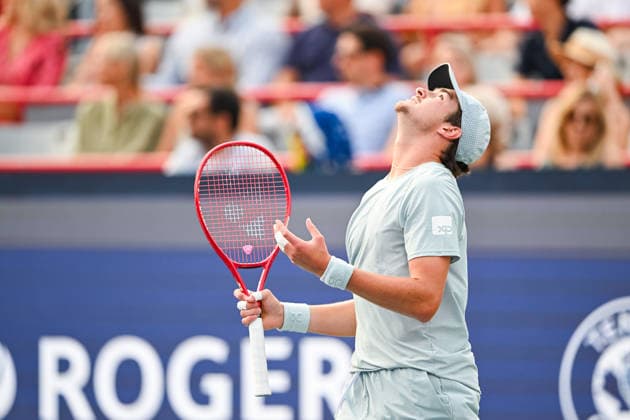 MONTREAL, QC - AUGUST 09: Joao Fonseca (BRA) reacts after losing a point during a fourth round match at National Bank Open on August 09, 2026 at IGA Stadium in Montreal, QC (Photo by David Kirouac Icon Sportswire) TENNIS: AUG 09 National Bank Open EDITORIAL USE ONLY Icon26080909726