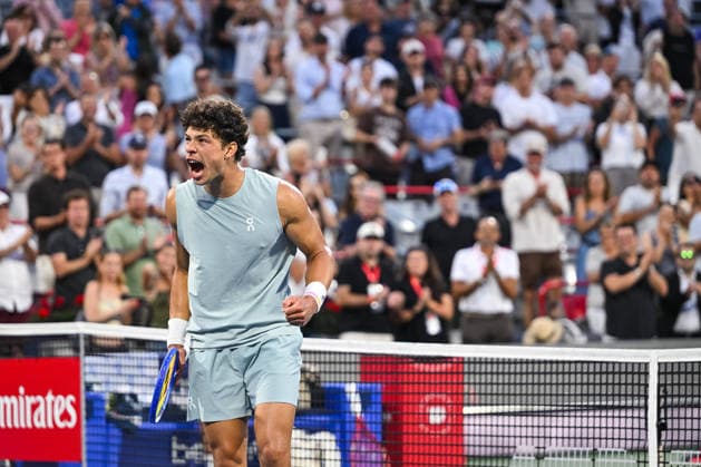 MONTREAL, QC - AUGUST 09: Ben Shelton (USA) reacts after his win in a fourth round match at National Bank Open on August 09, 2026 at IGA Stadium in Montreal, QC (Photo by David Kirouac Icon Sportswire) TENNIS: AUG 09 National Bank Open EDITORIAL USE ONLY Icon26080910826
