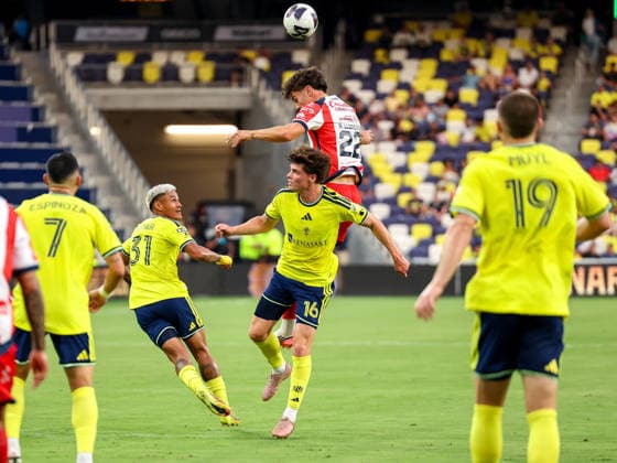 August 9, 2026: Atletico de San Luis forward Rafael Llorente (22) heads the ball over Nashville SC midfielder Matthew Corcoran (16) during a Leagues Cup match between Atletico de San Luis and Nashville SC at Geodis Park in Nashville, TN. CSM Nashville United States of America - ZUMAc04_ 20260809_zma_c04_079 Copyright: xStephenxFurstx