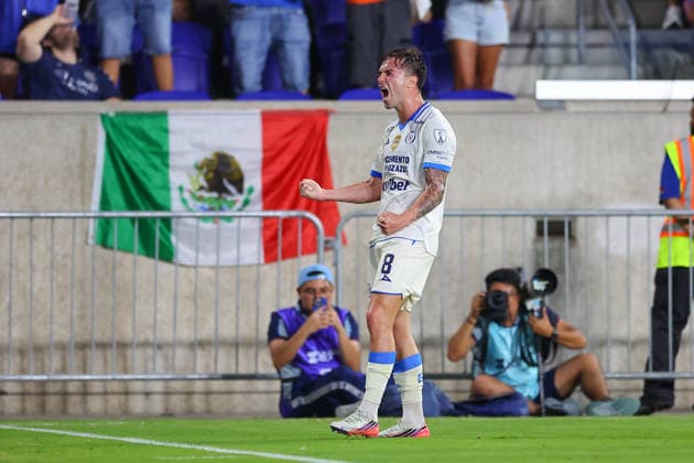 HARRISON, NJ - AUGUST 09: Agustin Palavecino 8 of Cruz Azul celebrates after scoring during the first half of the Leagues Cup match against New York City on August 9, 2026 at Sports Illustrated Stadium in Harrison, New Jersey. (Photo by Rich Graessle Icon Sportswire) SOCCER: AUG 09 Leagues Cup Cruz Azul vs New York City EDITORIAL USE ONLY Icon26080930038