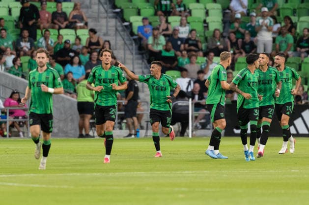 AUSTIN, TX - AUGUST 09: Forward Myrto Uzuni 10 of the Austin FC points to the bench after scoring his first goal during the Leagues Cup match between Austin FC and Club Puebla on August 9, 2026, at Q2 Stadium in Austin, TX. (Photo by David Buono Icon Sportswire) SOCCER: AUG 09 Leagues Cup Austin vs Puebla EDITORIAL USE ONLY Icon260809004