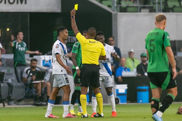 AUSTIN, TX - AUGUST 09: Forward Luifer Hernandez 9 of Club Puebla receives a yellow card during the Leagues Cup match between Austin FC and Club Puebla on August 9, 2026, at Q2 Stadium in Austin, TX. (Photo by David Buono Icon Sportswire) SOCCER: AUG 09 Leagues Cup Austin vs Puebla EDITORIAL USE ONLY Icon260809007