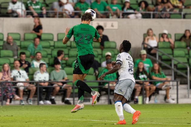 AUSTIN, TX - AUGUST 09: Defender Guilherme Biro 29 of the Austin FC heads away a crowding ball intended for midfielder Kevin Velasco 26 of Club Puebla during the Leagues Cup match between Austin FC and Club Puebla on August 9, 2026, at Q2 Stadium in Austin, TX. (Photo by David Buono Icon Sportswire) SOCCER: AUG 09 Leagues Cup Austin vs Puebla EDITORIAL USE ONLY Icon260809018
