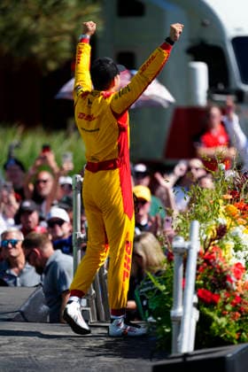 August 9, 2026, Portland, Oregon, USA: Alex Palou, driver of the 10 Chip Ganassi Racing Honda, celebrates on the podium after winning the IndyCar, Indy Car, IRL, USA Grand Prix of Portland at the Portland International Raceway. Portland USA - ZUMAd212 20260809_zsp_d212_003 Copyright: xRichardxDolex