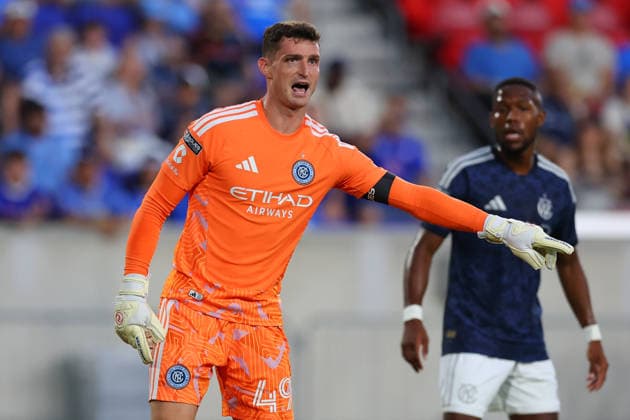 HARRISON, NJ - AUGUST 09: Matt Freese 49 of NYCFC defends his goal during the first half of the Leagues Cup match against Cruz Azul on August 9, 2026 at Sports Illustrated Stadium in Harrison, New Jersey. (Photo by Rich Graessle Icon Sportswire) SOCCER: AUG 09 Leagues Cup Cruz Azul vs New York City EDITORIAL USE ONLY Icon26080930047