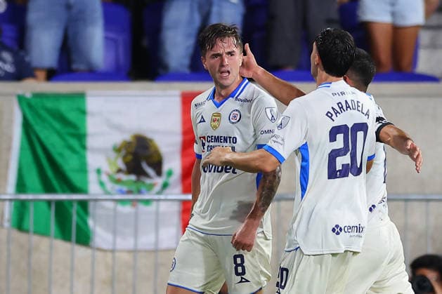 HARRISON, NJ - AUGUST 09: Agustin Palavecino 8 of Cruz Azul celebrates with teammates after scoring during the first half of the Leagues Cup match against New York City FC on August 9, 2026 at Sports Illustrated Stadium in Harrison, New Jersey. (Photo by Rich Graessle Icon Sportswire) SOCCER: AUG 09 Leagues Cup Cruz Azul vs New York City EDITORIAL USE ONLY Icon26080930073