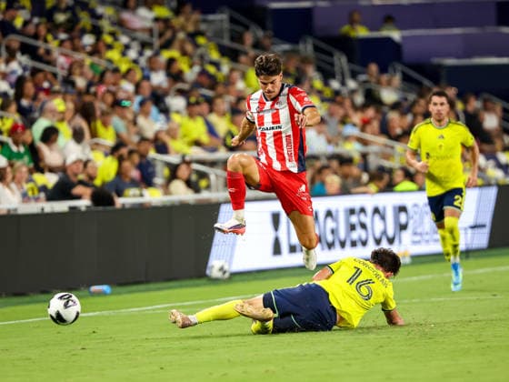 August 9, 2026: Atletico de San Luis midfielder Benjamin Galdames (7) leaps over Nashville SC midfielder Matthew Corcoran (16) as he makes a tackle during a Leagues Cup match between Atletico de San Luis and Nashville SC at Geodis Park in Nashville, TN. CSM Nashville United States of America - ZUMAc04_ 20260809_zma_c04_115 Copyright: xStephenxFurstx
