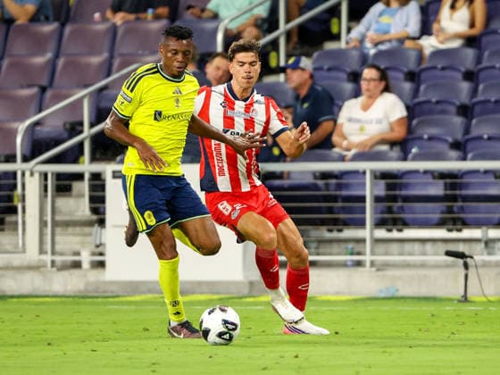 August 9, 2026: Nashville SC defender Jeisson Palacios (4) advances the ball against Atletico de San Luis forward Rafael Llorente (22) during a Leagues Cup match between Atletico de San Luis and Nashville SC at Geodis Park in Nashville, TN. CSM Leagues Cup 2026: Atletico De San Luis Vs Nashville SC AUG 09  - ZUMAc04_ 20260809_zma_c04_112 Copyright: xStephenxFurstx