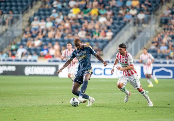August 9, 2026, Chester, Pennsylvania, United States: Philadelphia UnionÃ¢â‚¬â ¢s NEIL PIERRE (44) in action against Club Necaxa JULIAN CARRANZA (9) during the Leagues Cup match at Subaru Park in Chester PA Soccer 2026: Union 3:1 Club Necaxa  - ZUMArf1_ 20260809_zaf_rf1_008 Copyright: xRickyxFitchettx