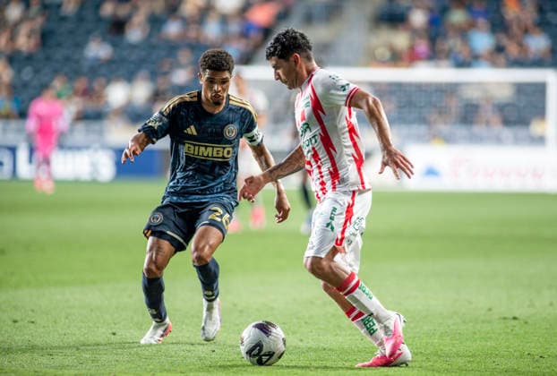 August 9, 2026, Chester, Pennsylvania, United States: Philadelphia UnionÃ¢â‚¬â ¢s NATHAN HARRIEL (26) in action against Club Necaxa JAVIER RUIZ (10) during the Leagues Cup match at Subaru Park in Chester PA Soccer 2026: Union 3:1 Club Necaxa  - ZUMArf1_ 20260809_zaf_rf1_010 Copyright: xRickyxFitchettx