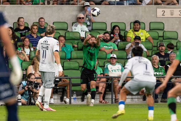 AUSTIN, TX - AUGUST 09: Defender Jon Gallagher 17 of the Austin FC throws the ball into play during the Leagues Cup match between Austin FC and Club Puebla on August 9, 2026, at Q2 Stadium in Austin, TX. (Photo by David Buono Icon Sportswire) SOCCER: AUG 09 Leagues Cup Austin vs Puebla EDITORIAL USE ONLY Icon260809023