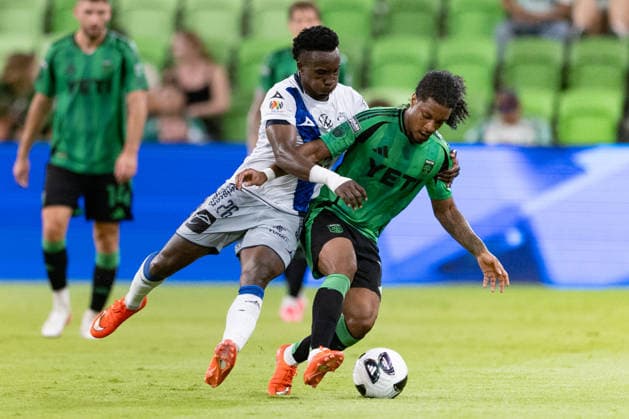 Jayden Nelson (R) of Austin FC vies for the ball with Kevin Velasco of Puebla during a Leagues Cup match between Austin FC and Puebla at Q2 Stadium in Austin, Texas, USA, 09 August 2026. Leagues Cup: Austin FC vs Puebla !ACHTUNG: NUR REDAKTIONELLE NUTZUNG!  Copyright: xCarlosxRamírezx AME7591 20260810-55021108882_1