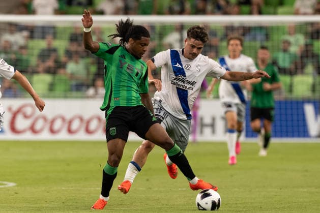 AUSTIN, TX - AUGUST 09: Forward Jayden Nelson 7 of the Austin FC and midfielder Mathias Tomas 10 of Club Puebla battle for the ball during the Leagues Cup match between Austin FC and Club Puebla on August 9, 2026, at Q2 Stadium in Austin, TX. (Photo by David Buono Icon Sportswire) SOCCER: AUG 09 Leagues Cup Austin vs Puebla EDITORIAL USE ONLY Icon260809035