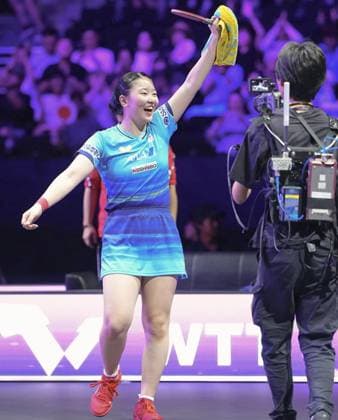 Table tennis, Tischtennis WTT Champions Japan s Miwa Harimoto celebrates after beating defending champion Chen Xingtong of China in the women s singles final at the WTT Champions Yokohama table tennis event in Yokohama, eastern Japan, on Aug. 9, 2026.  A14AA0005625461P