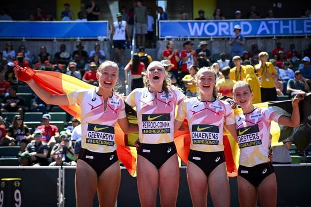 Martha Geerardyn, Lauren Petroci-Coninx, Ilona Dhaenens and Lore Foesters celebrate after finishing third place, winning the bronze medal of the women s 4x100m relay race at the World Athletics U20 Championships, Sunday 9 August 2026, in Eugene, USA. The world championships take place from 5 to 9 August. THOMASxWINDESTAM  x183064034x