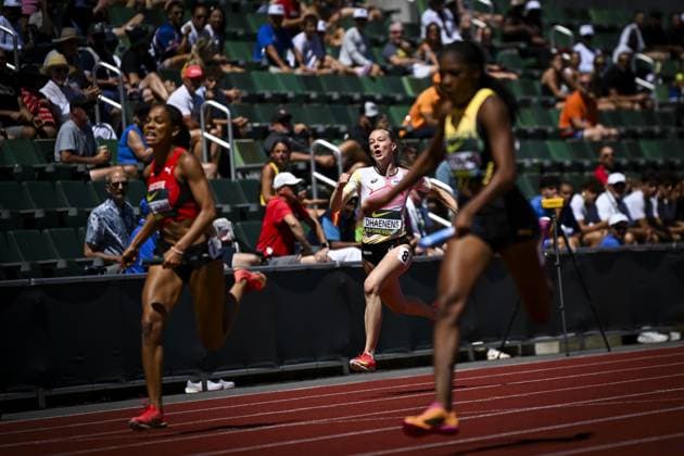 Ilona Dhaenens pictured in action during the women s 4x100m relay race at the World Athletics U20 Championships, Sunday 9 August 2026, in Eugene, USA. The world championships take place from 5 to 9 August. THOMASxWINDESTAM  x183064047x