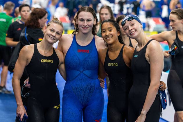 SWIMMING - EAC 2026 PARIS,FRANCE,10.AUG.26 - SWIMMING - European Aquatics Championships Paris 2026, . Image shows Marlene Kahler, Iris Julia Berger, Nida Omid and Aviva Hollinsky (AUT).  GEPAxpictures xPhilippxBrem