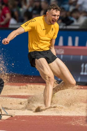 BIRMINGHAM, GREAT BRITAIN - AUGUST 10, 2026 : Simon BATZ (GER Germany) injures during the long jump qualification of the European Athletics Championships at Alexander Stadium on August 10, 2026 in Birmingham, Great Britain. Oregon Great Britain Copyright: xAxelxKohringx
