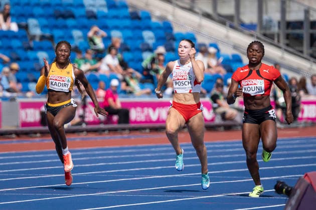 BIRMINGHAM, GREAT BRITAIN - AUGUST 10, 2026 : Chelsea KADIRI (GER Germany), Isabel POSCH (AUT Austria) and Nathacha KOUNI (SUI Switzerland) competing in the 100m during the European Athletics Championships at Alexander Stadium on August 10, 2026 in Birmingham, Great Britain. Nordrhein-Westfalen Great Britain Copyright: xLeahxKohringx