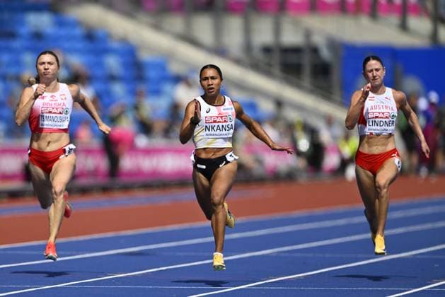 Belgian Delphine Nkansa (C) pictured in action during the 1st round of the women s 100m race at the European Athletics Championships (August 10-18) in Birmingham, United Kingdom, on Monday 10 August 2026. ERICxLALMAND  x183079938x