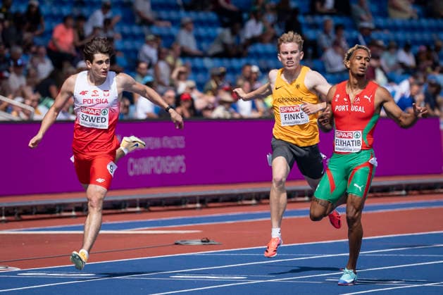 BIRMINGHAM, GREAT BRITAIN - AUGUST 10, 2026 : Maksymilian SZWED (POL Poland), Thorben FINKE (GER Germany) and Omar ELKHATIB (POR Portugal) competing in the 400m heats during the European Athletics Championships at Alexander Stadium on August 10, 2026 in Birmingham, Great Britain. Nordrhein-Westfalen Great Britain Copyright: xLeahxKohringx