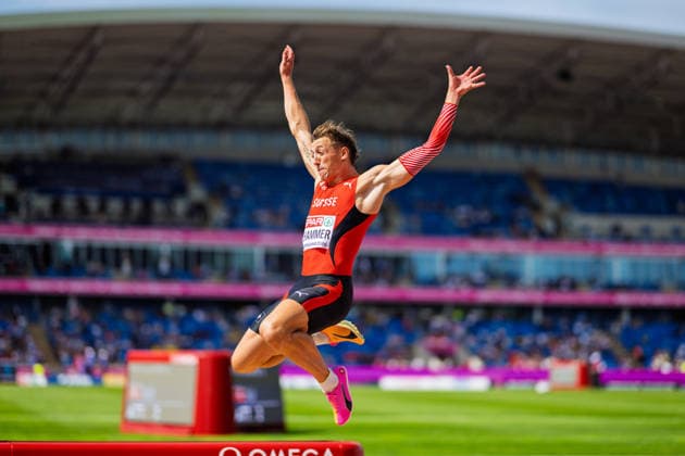 BIRMINGHAM, UNITED KINGDOM - AUGUST 10: Simon Ehammer of Switzerland competes in the Men s Long Jump during the European Athletics Championships at Alexander Stadium on August 10, 2026 in Birmingham, United Kingdom. England United Kingdom Copyright: xBEAUTIFULxSPORTS TobiasxLacknerx