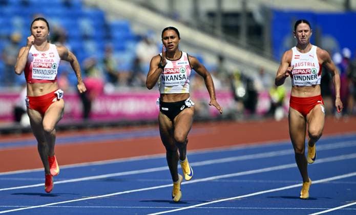 Belgian Delphine Nkansa (C) pictured in action during the 1st round of the women s 100m race at the European Athletics Championships (August 10-18) in Birmingham, United Kingdom, on Monday 10 August 2026. ERICxLALMAND  x183084319x