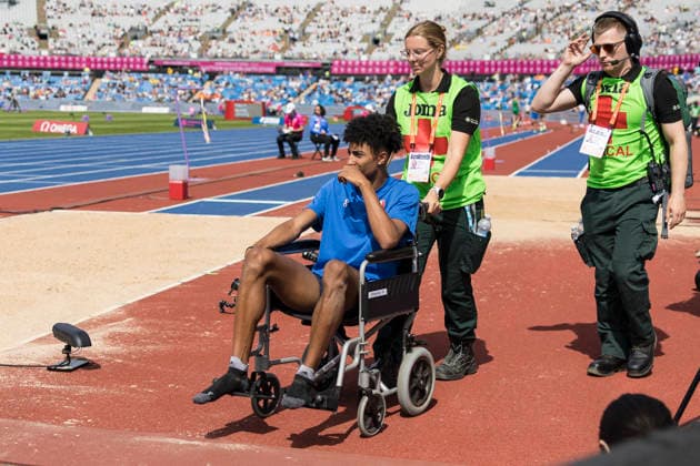 BIRMINGHAM, GREAT BRITAIN - AUGUST 10, 2026 : Mattia FURLANI (ITA Italy) injured during the long jump of the European Athletics Championships at Alexander Stadium on August 10, 2026 in Birmingham, Great Britain. Oregon Great Britain Copyright: xAxelxKohringx