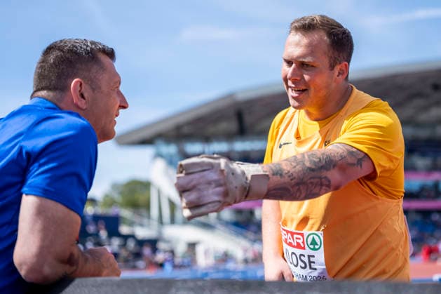 BIRMINGHAM, GREAT BRITAIN - AUGUST 10, 2026 : Sören KLOSE (GER Germany) with his coach competing in the hammer throw qualification during the European Athletics Championships at Alexander Stadium on August 10, 2026 in Birmingham, Great Britain. Nordrhein-Westfalen Great Britain Copyright: xLeahxKohringx