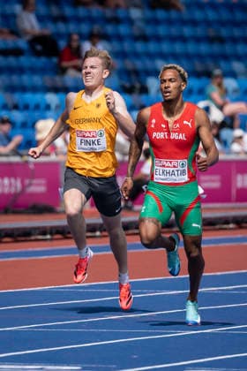 BIRMINGHAM, GREAT BRITAIN - AUGUST 10, 2026 : Thorben FINKE (GER Germany) and Omar ELKHATIB (POR Portugal) competing in the 400m heats during the European Athletics Championships at Alexander Stadium on August 10, 2026 in Birmingham, Great Britain. Nordrhein-Westfalen Great Britain Copyright: xLeahxKohringx