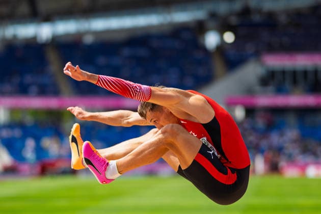 BIRMINGHAM, UNITED KINGDOM - AUGUST 10:Simon Ehammer of Switzerland competes in the Men s Long Jump during the European Athletics Championships at Alexander Stadium on August 10, 2026 in Birmingham, United Kingdom. England United Kingdom Copyright: xBEAUTIFULxSPORTS TobiasxLacknerx