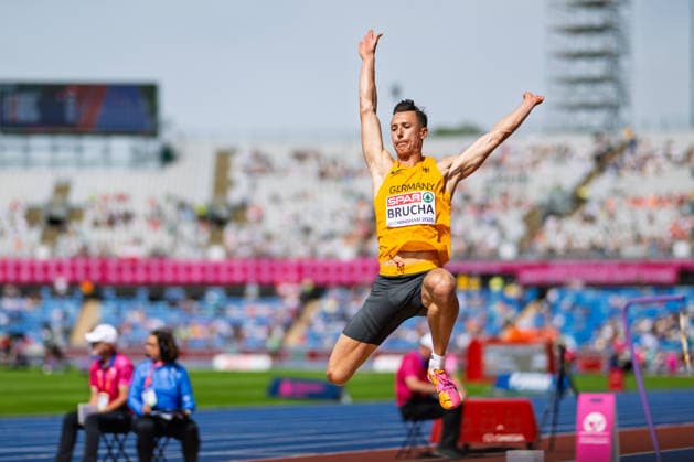 BIRMINGHAM, UNITED KINGDOM - AUGUST 10: Kevin Brucha of Germany competes in the Men s Long Jump during the European Athletics Championships at Alexander Stadium on August 10, 2026 in Birmingham, United Kingdom. England United Kingdom Copyright: xBEAUTIFULxSPORTS TobiasxLacknerx